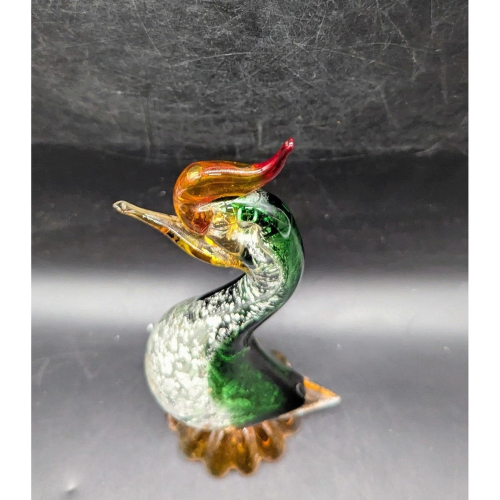 Vintage Murano Art Glass Rooster Figurine Sculpture Silver Flake Green Orange - Picture 2 of 10